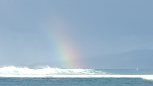 Rainbow and Surf off Waikiki Beach