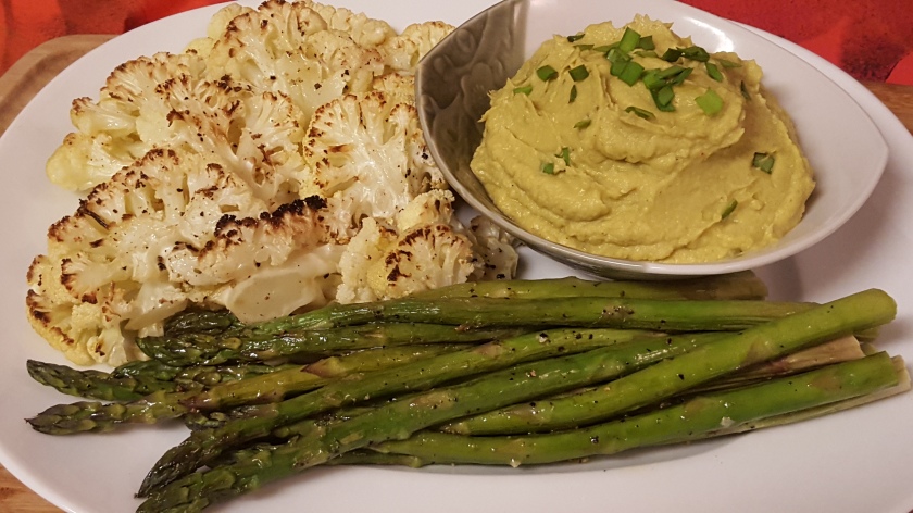 Chive Avocado Hummus with Roasted Cauliflower and Asparagus
